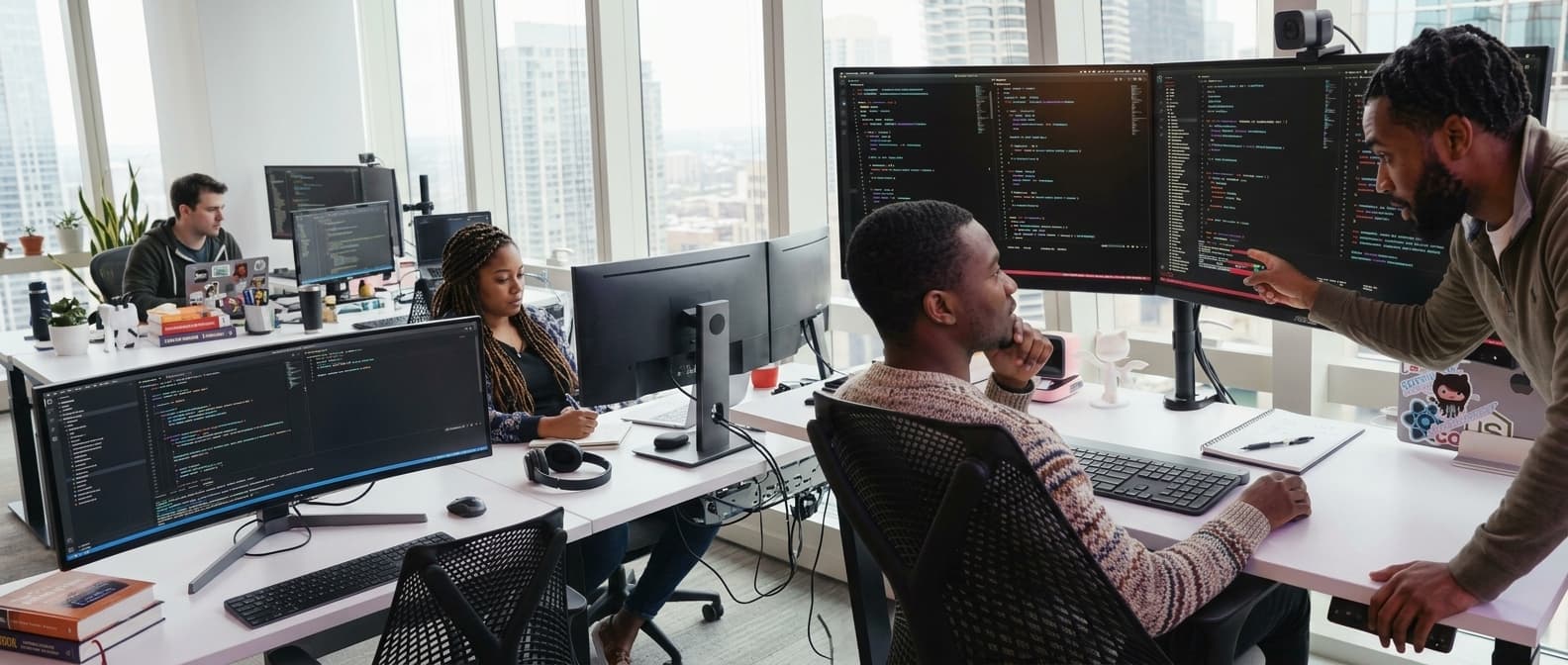 A business team working together around a laptop